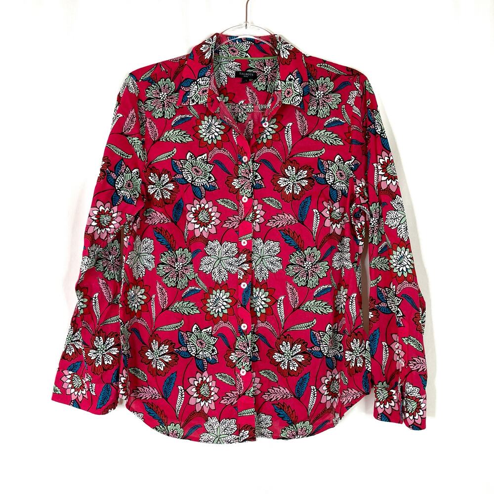 Talbots Petite Red Floral Button Up Blouse 100% Cotton Womens Large Petite